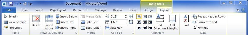 Table Tools Layout Tab The Layout tab includes a selection tool for cells, rows, columns, and the entire table; tools to delete or insert
