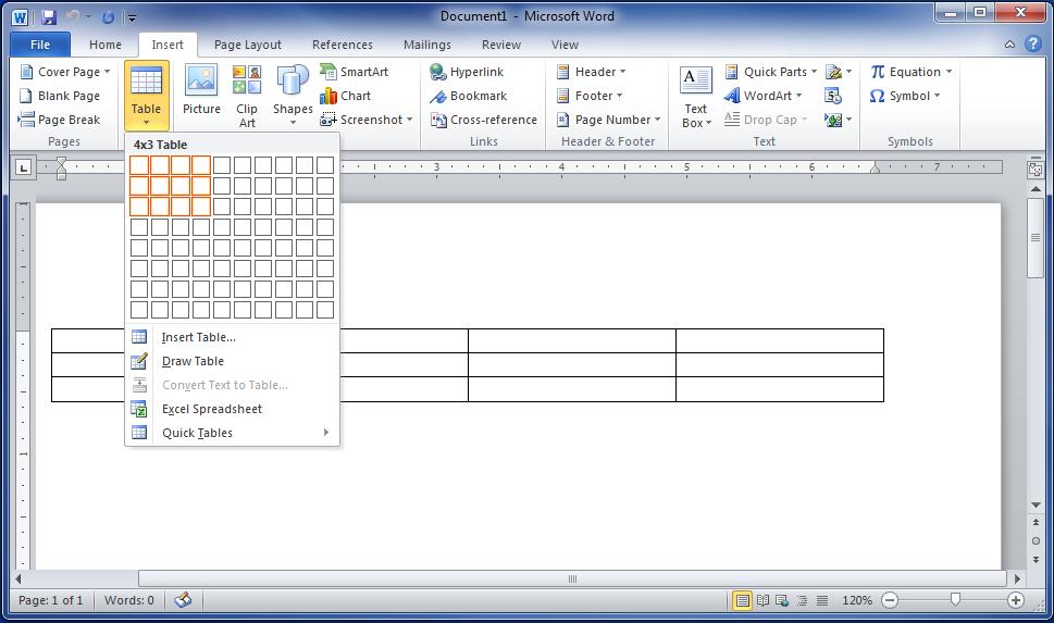 Create a Table: Step 1: From the Insert tab, click the Table button. This will display a simple grid shown below.