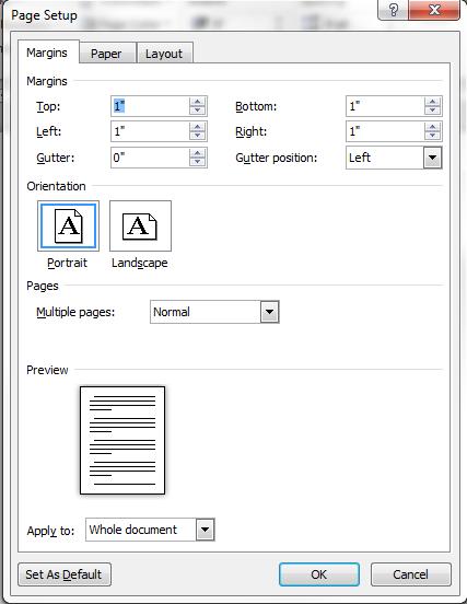 Margins Tab Apply to Step 5: If you are going to bind the document and want to add an extra amount of space on one edge for the binding, enter that amount in the Gutter text box, and select the side