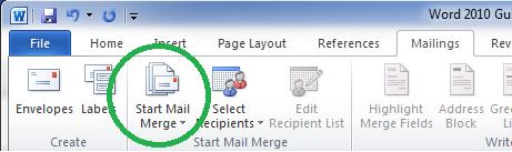 You can begin using Mail Merge by selecting the Mailings tab on the Ribbon and clicking on Start Mail Merge. Once you click on Start Mail Merge, you can select the document type that you are creating.