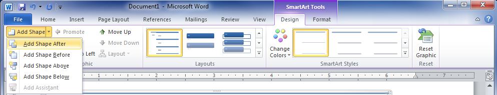 The Design and Format tabs appear on the Ribbon. Step 2: Select the Design tab. Step 3: Click the Add Shape command in the Graphics group.