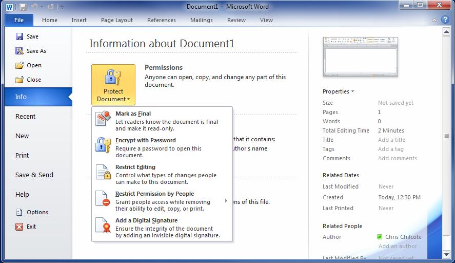 Protecting Your Document Listed below are a list of ways to protect your document and all of these options are available in the backstage view that you can access by clicking the File tab and