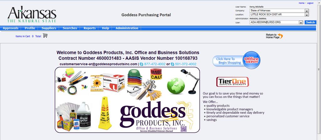 HOMEPAGE To begin shopping, select the Click Here To Begin Shopping Button. Contract Terminology Goddess Purchasing Portal: the home page of Goddess Products Arkansas State Contract No.