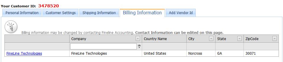 Billing Information You may edit your billing address information by clicking the Company Name.