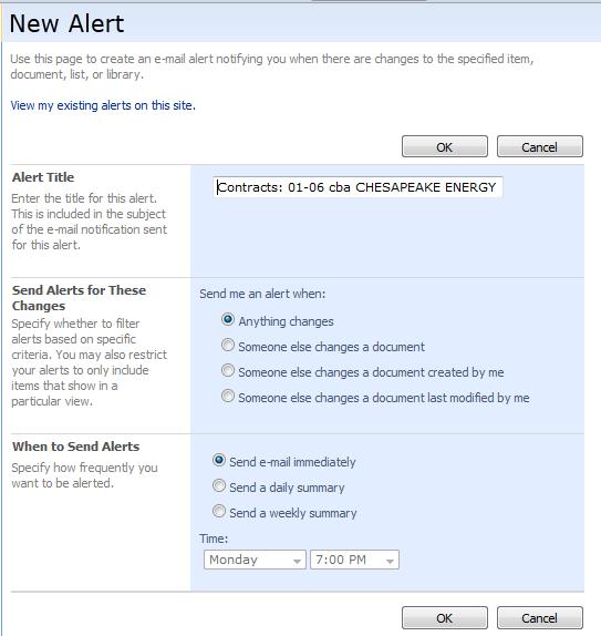 On the document you wish to set up the alert, click the down arrow in the list and choose