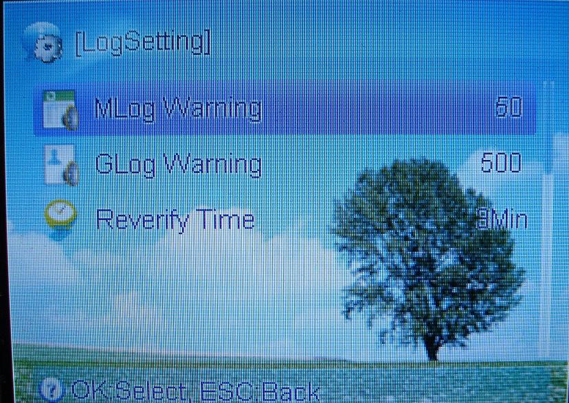 You can set 3 warning threshold. They are MLog Warning, GLog Warning and Reverify Time. MLog Warning Mlog Wrn means Management Log warning threshold.