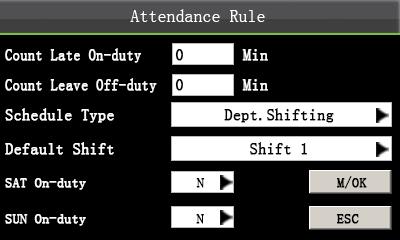 5 Shift Set This menu item allows you to set attendance rules and required shifts and to arrange schedules for employees. Press M/OK on the initial interface. Select Shift set and press OK.