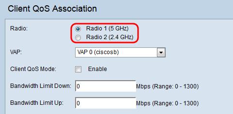 The options are described as follows: Radio 1 Has a radio frequency of 5 GHz which offers a speed increase over 2.