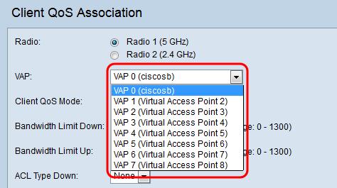 Step 3. Select the desired Virtual Access Point (VAP) for which you want to configure the Client QoS parameters in the VAP drop-down list.