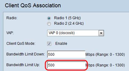 Step 5. Enter the desired maximum allowed transmission rate from the WAP device to the client in bits per second in the Bandwidth Limit Down field. The range is from 0-1300 Mbps, where 0 is unlimited.