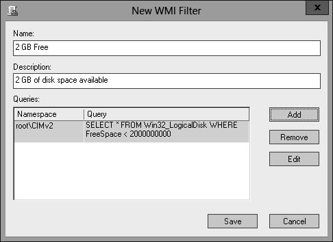 You can create WMI filters by using the New WMI Filter dialog box (shown in Figure 5-16). FIGURE 5-16 Creating a WMI filter MORE INFO WMI QUERIES You can learn more about WMI queries at http://msdn.