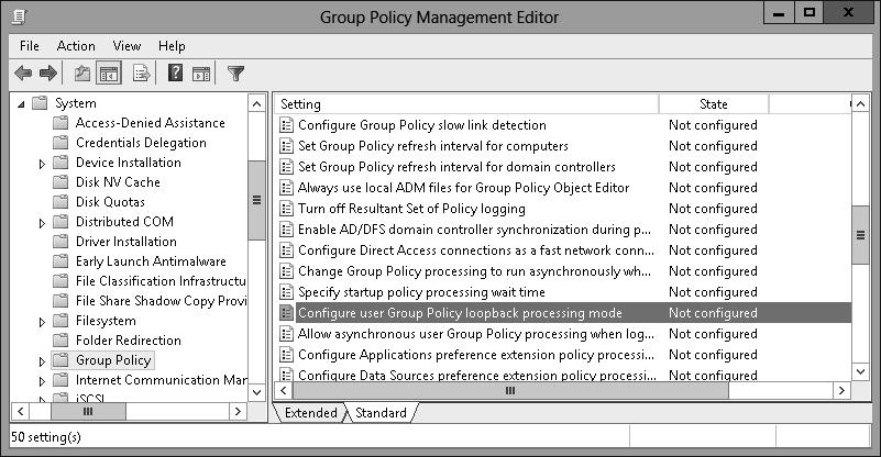 FIGURE 5-33 Select Group Policy loopback processing mode policy 4. On the Action menu, click Edit. 5. In the Configure User Group Policy Loopback Processing Mode dialog box, click Enabled.