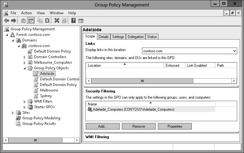 6. Close the Group Policy Management Editor. 7. In the GPMC, click the Adelaide GPO, and click the Scope tab. 8. On the Scope tab, click the Authenticated Users group, and click Remove. 9.