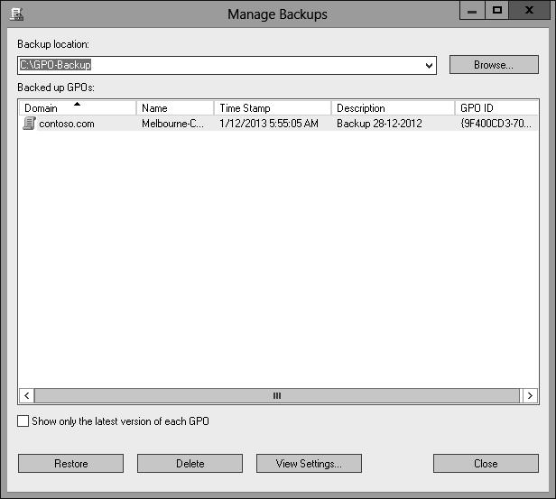 FIGURE 5-4 Restoring a GPO from backup Import and copy GPOs Importing a GPO enables you to take the settings in a backed-up GPO and import them into an existing GPO.