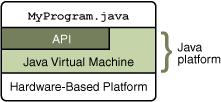 The Java API The Java Platform consists of two parts: 1) Java Virtual Machine 2) Java API -- also called libraries The Application Programming Interface