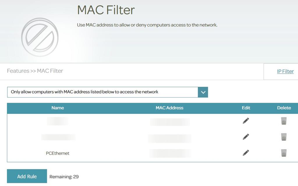 IP/MAC address filtering This is not MAC address filtering in respect of blocking all but certain devices from accessing the wireless network, but blocks IP or MAC addresses from accessing the