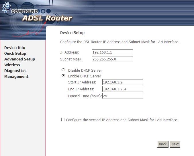 The Device Setup screen allows the user to configure the LAN interface IP address, subnet mask, and DHCP server.