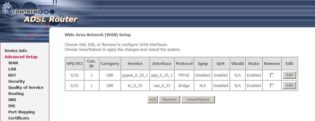3.4 Single static configuration (IPoA) 3.4.1 Setup WAN port Follow these steps to configure the WAN interfaces. STEP 1: To Add a new WAN connection, click the Add button.