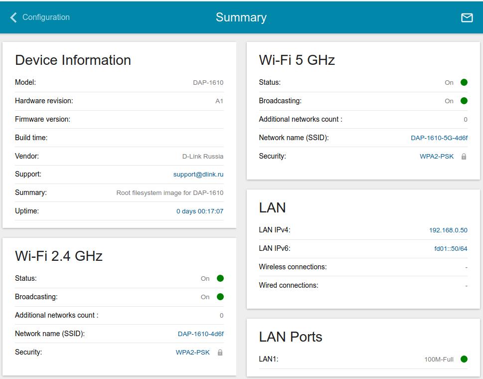 Installation and Connection Web-based Interface Structure Summary Page On the Summary page, detailed information on the device state is displayed. Figure 14. The summary page.