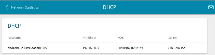 DHCP The Statistics / DHCP page displays the information on computers that have been identified by hostnames and MAC addresses and have got IP