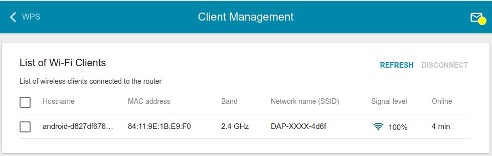 Client Management On the Wi-Fi / Client Management page, you can view the list of wireless clients connected to the extender. Figure 43. The page for managing the wireless clients.