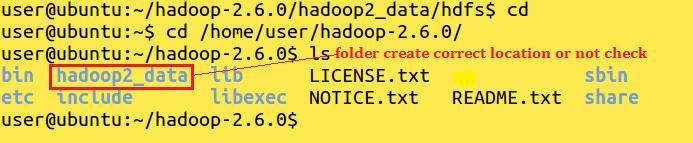 Check by hadoop2_data folder create inside /home/user/hadoop-2.6.0 2.2.3 Configure the Default File system The core-site.