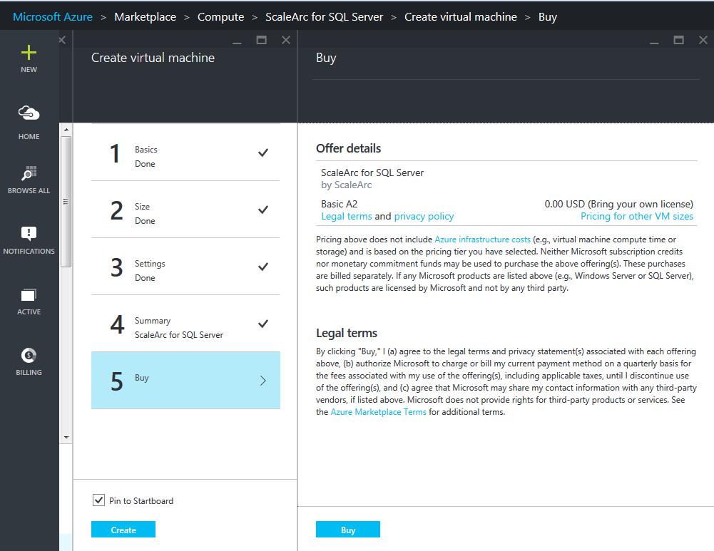 The next page will show the offer details and legal terms from Azure. Click Buy. Finally Click Create to launch the instance.