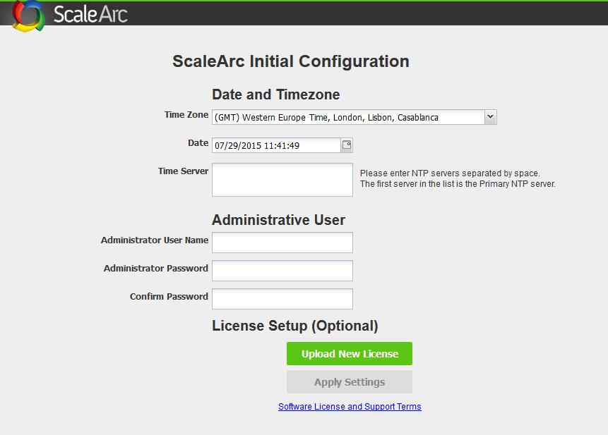 Startup Wizard/Step 1 On the first page of the Startup Wizard select your Time Zone, Time Server by default we auto populate clock.redhat.com, Administrator Username and Management password.