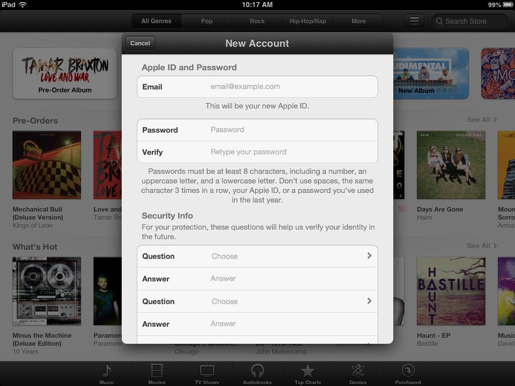 ibooks (New Apple Account) Follow the instructions regarding a new username and password outlined in this window