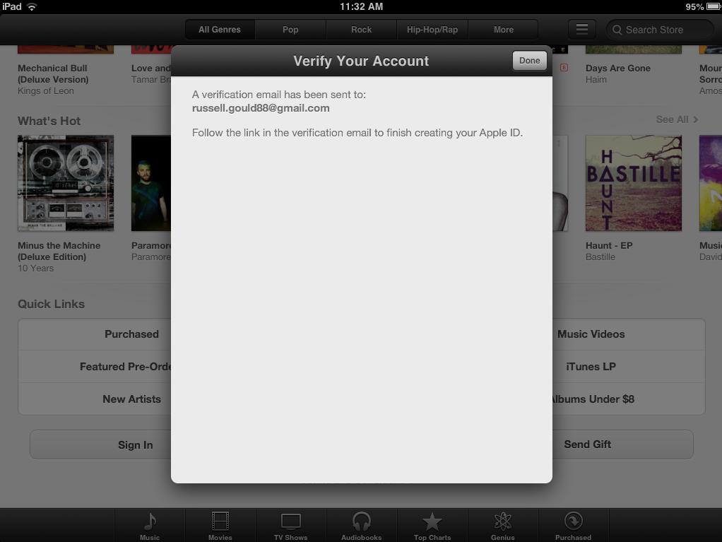 ibooks (New Apple Account) Apple will send a verification email to the address