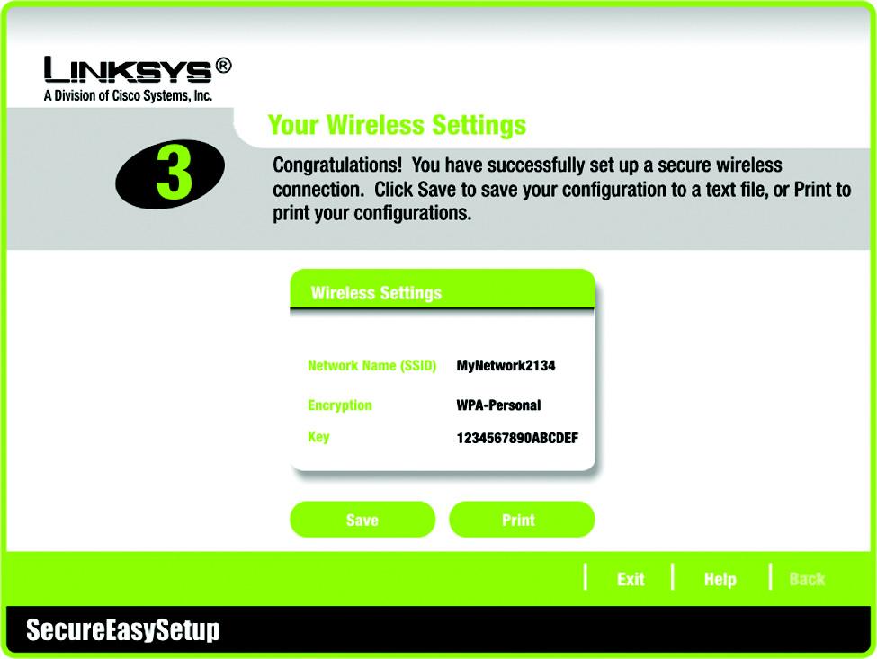 4. The Your Wireless Settings screen will appear when the wireless settings have been configured. To save your configuration settings to a text file on your computer, click the Save button.