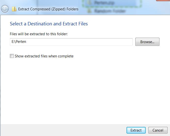 The Show extracted files when complete checkbox may be checked or unchecked. IMPORTANT: Delete the Perten.