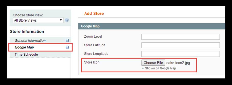 There are 4 fields in this tab including Zoom Level, Latitude, Longitude and Store Icon.