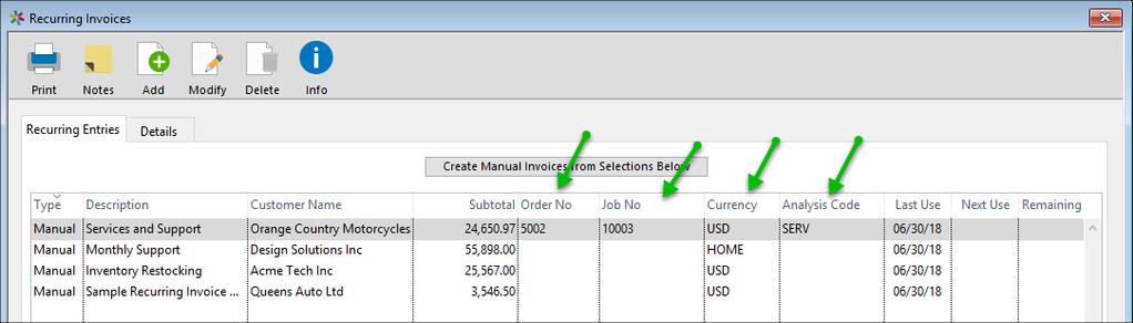 Currency (if Currency enabled) Analysis Code: Sales Analysis Code All columns in the Recurring Invoice list can also be resized. The following screen shows the location of all the new columns.