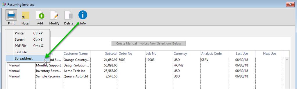 The Recurring Invoice list can also be exported to a spreadsheet. Click the Print icon, as shown in the following screen, to export the list to spreadsheet.