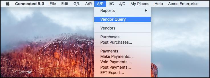 Accounts Payable Vendor Query Window The Vendor Query window is a powerful search window that combines aspects of a report, a ledger screen, and a search window into a