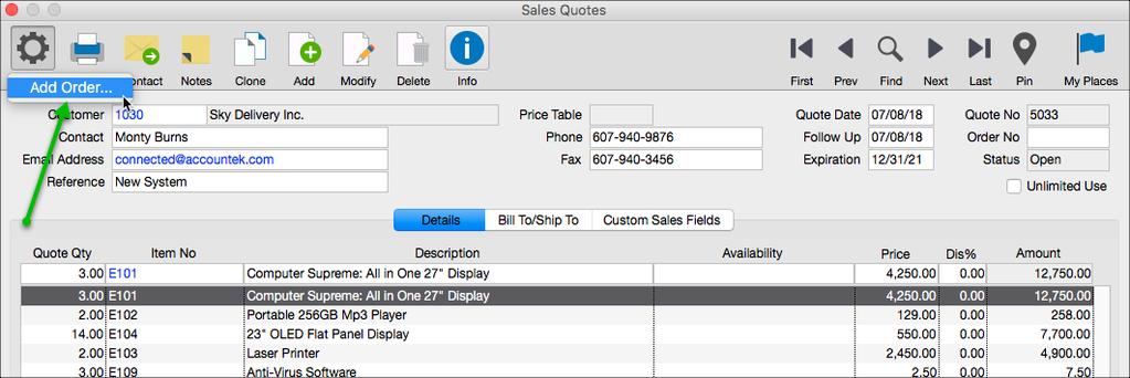 NOTE: If quotes are to be combined into a single order or only select items from a quote are to be added to the order, using the Add from Quote Action in