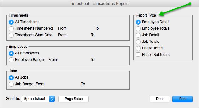 Employee report type has been renamed Employee Detail. There are no changes to this output. Job report type has been has been renamed Job Detail.