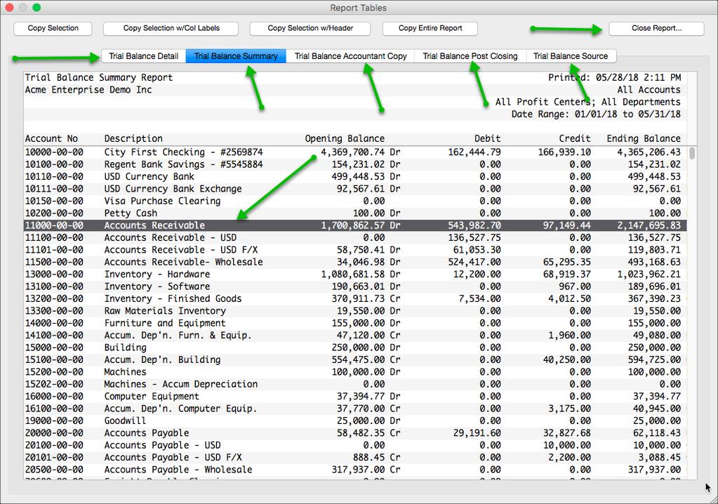 Use the various copy buttons to copy the report data, which can be pasted into Excel with the correct formatting.