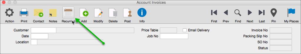 To access the recurring invoices window and review/use the following new features, simply open the Account Invoices window and click the Recurring button, as shown in the following screen.