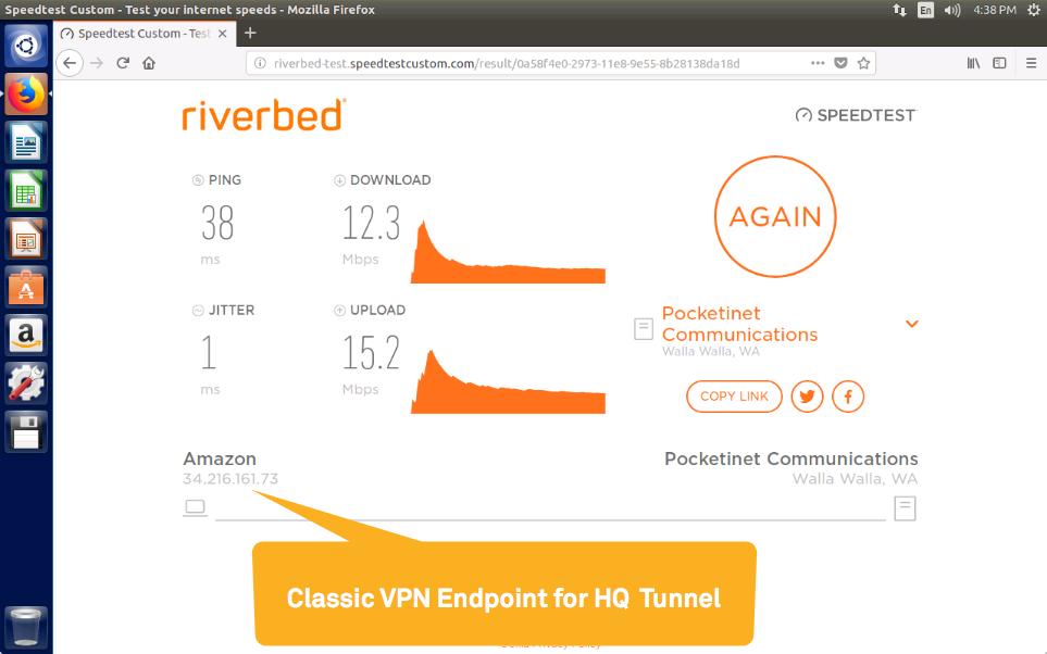 Next, to verify this configuration we test using speedtest.net. Traffic that is seen from the ClassicVPN at corporate appears as 34.216.161.73.