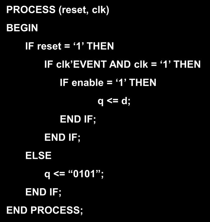 Examples PROCESS (reset, clk) IF reset = 1 THEN IF clk EVENT