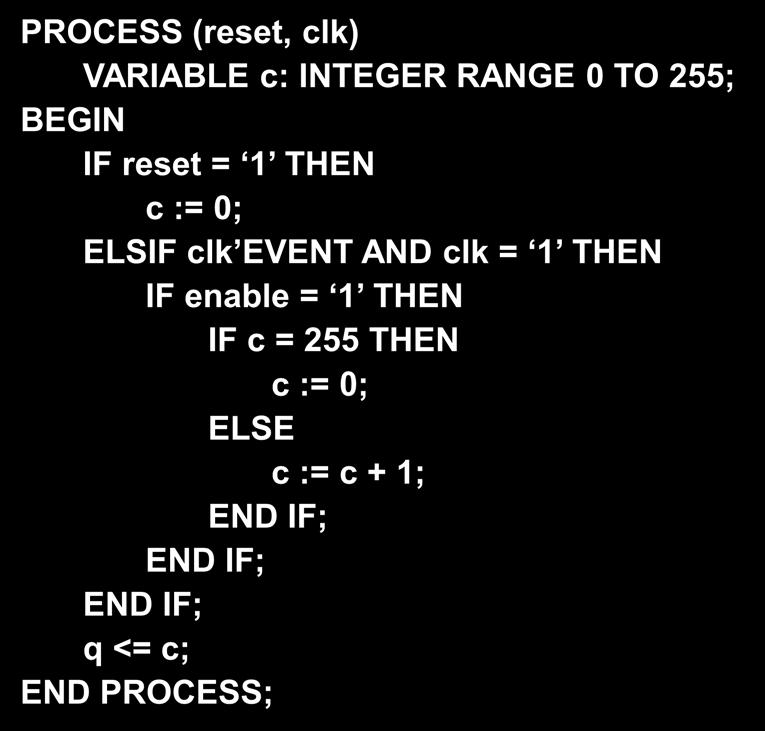 Counters PROCESS (reset, clk) VARIABLE c: INTEGER RANGE 0 TO 255; IF reset = 1