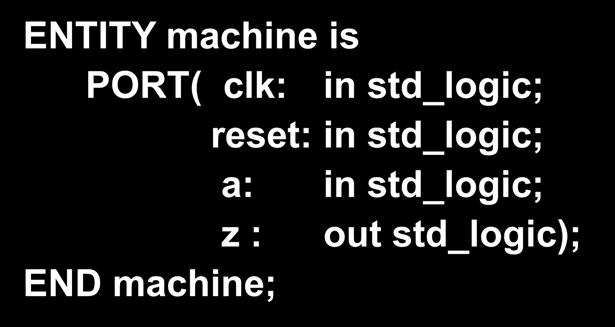 Example: Mealy s machine 0 / 0 0 / 0 s0 1 / 0 s1 1 / 1 ENTITY machine is PORT( clk: