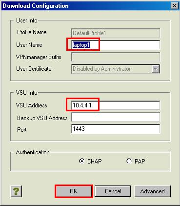 The Download Configuration window opens (Figure 13). User Name = laptop1 VSU Address = 10.4.