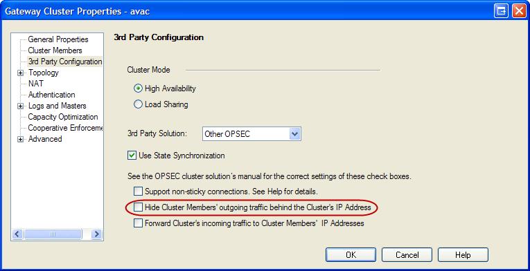 In the 3rd Party Configuration window, make sure that the Hide Cluster Members outgoing traffic behind Clusters IP address option is