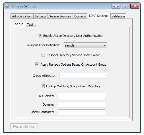 Configuring Rumpus At least one Rumpus user account is required to define default privileges for Active Directory authenticated users.