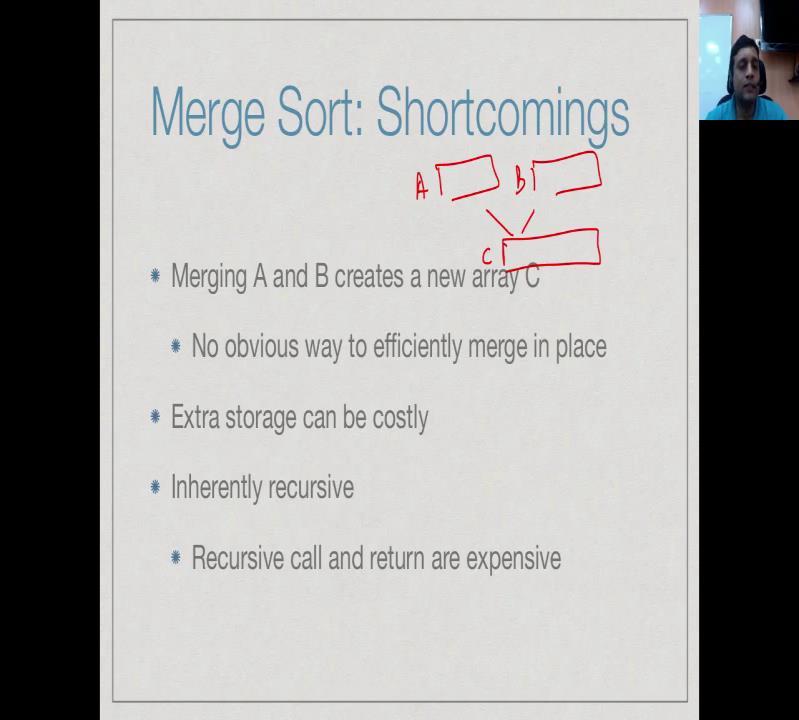 (Refer Slide Time: 12:20) So, merge sort though it is an order n log n sorting algorithm and therefore it is significantly faster than insertion sort or selection sort, it does have some short comes.