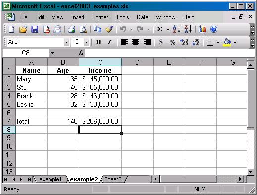 CSSCR ja 5/18/05 introexcel Page 6 of 9 one you select.) Fill this new row in with some new name, age and income information. Notice, the totals change to reflect this new data.