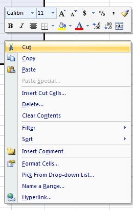 Cut and Paste Excel 2010 Highlight the cell or cells to be moved. Press Ctrl-X on the keyboard, or on the Ribbon, click on the Home tab.